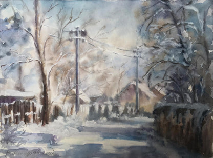 Watercolor painting Streets in the snow Wihyrovskii Victor