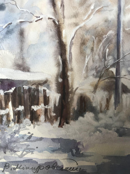 Streets in the Snow portrayed in a watercolor painting by Victor Wihyrovskii