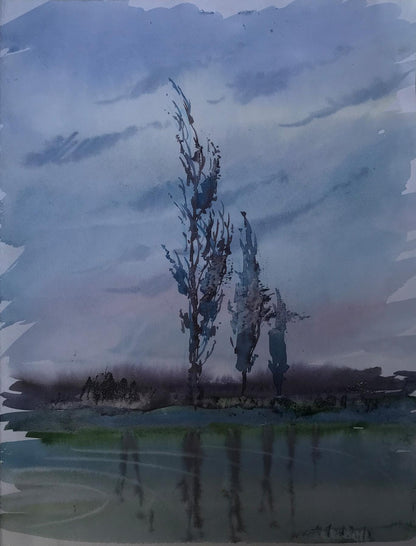 Watercolor painting Night landscape Unknown artist