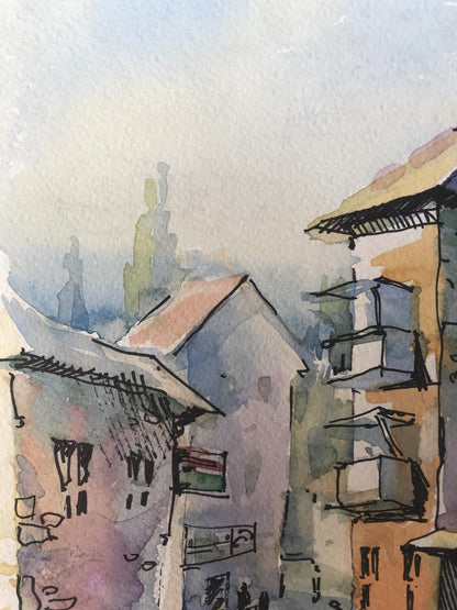 Watercolor painting City life Unknown artist