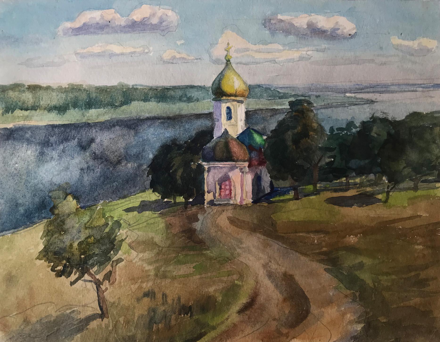 Watercolor painting Road to the church Unknown artist