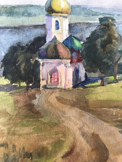 Watercolor painting Road to the church Unknown artist