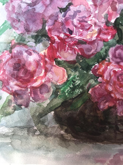 Watercolor painting showcasing a bouquet of flowers with an undisclosed artist