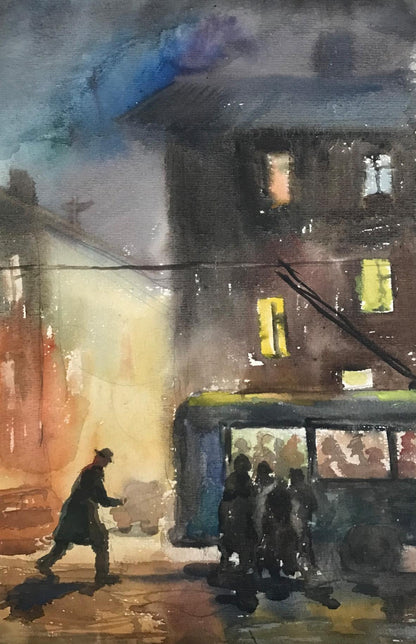 Watercolor painting Night city Wihyrovskii Victor