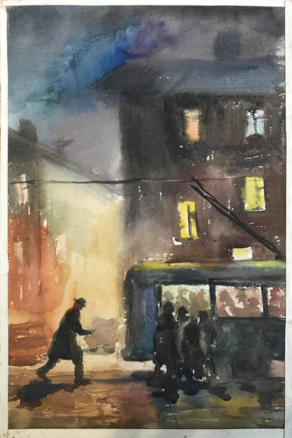 Watercolor painting Night city Wihyrovskii Victor