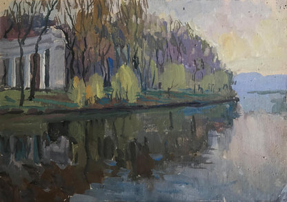Tempera painting Park by the river Unknown artist