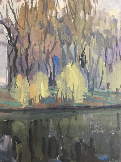 Tempera painting Park by the river Unknown artist