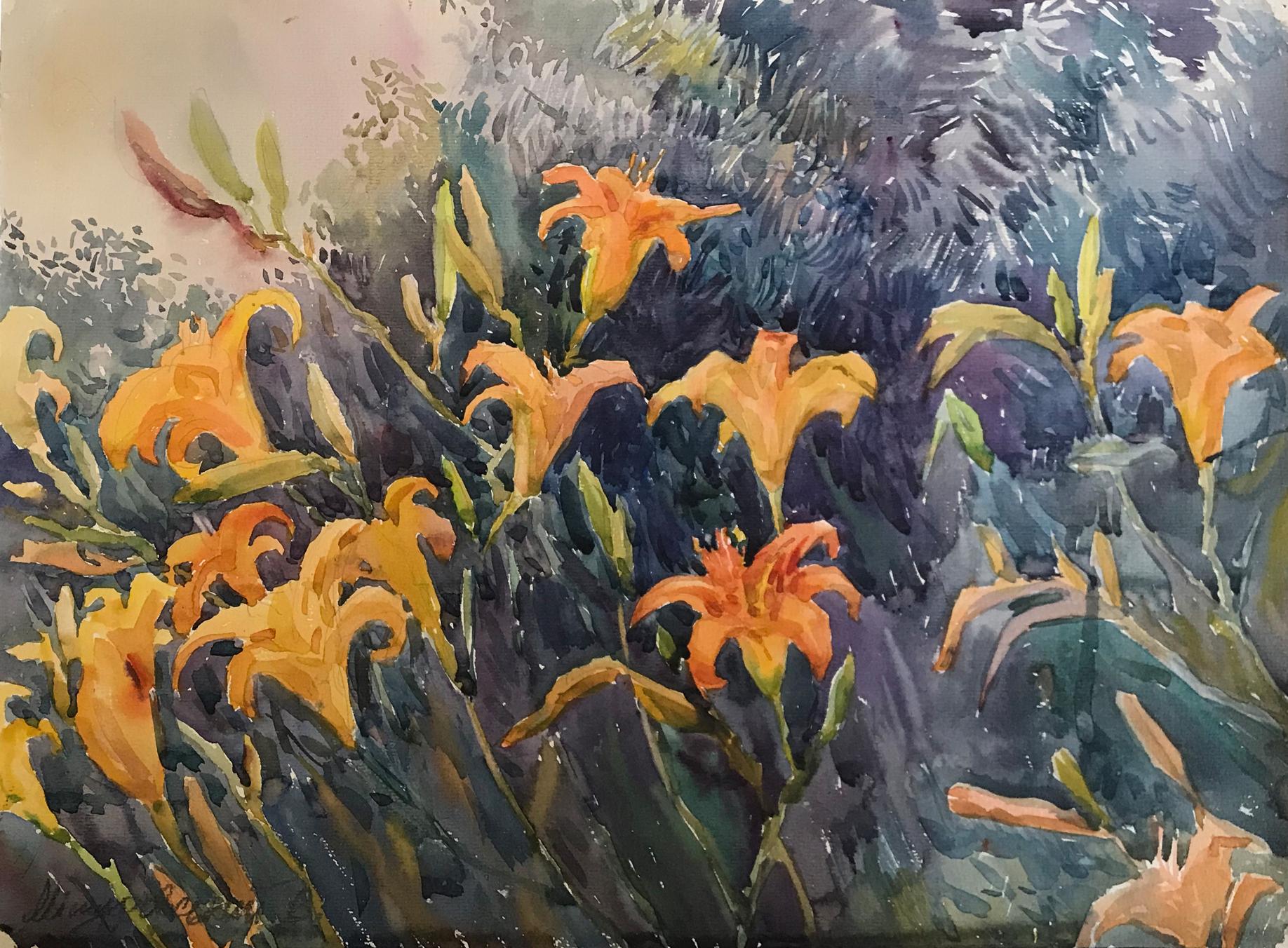 Watercolor painting Orange lilies in a field Victor Wihyrovskii