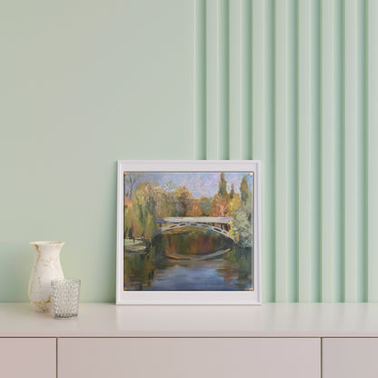 The oil painting depicts a bridge spanning a river, created by an unknown artist