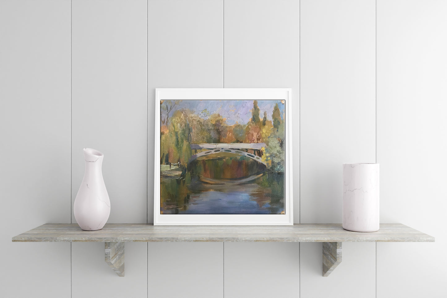 The artwork showcases a bridge stretching across a flowing river, with meticulous detail