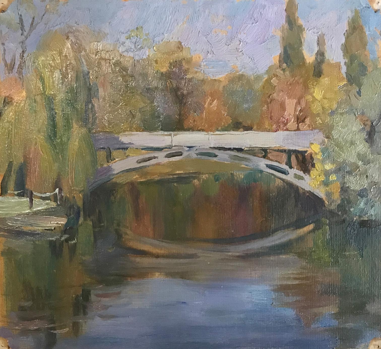Oil painting Bridge over river Unknown artist
