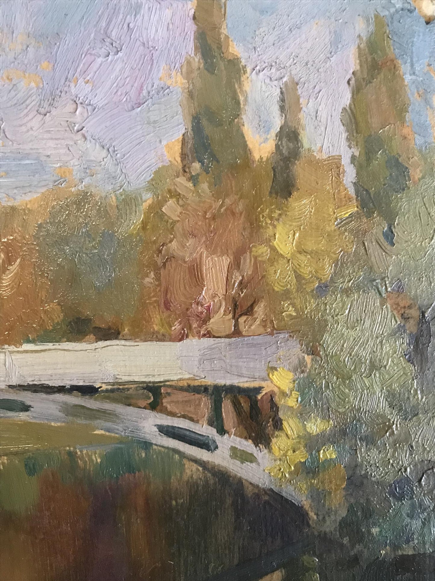The painting invites viewers to imagine crossing the bridge and exploring the landscape beyond