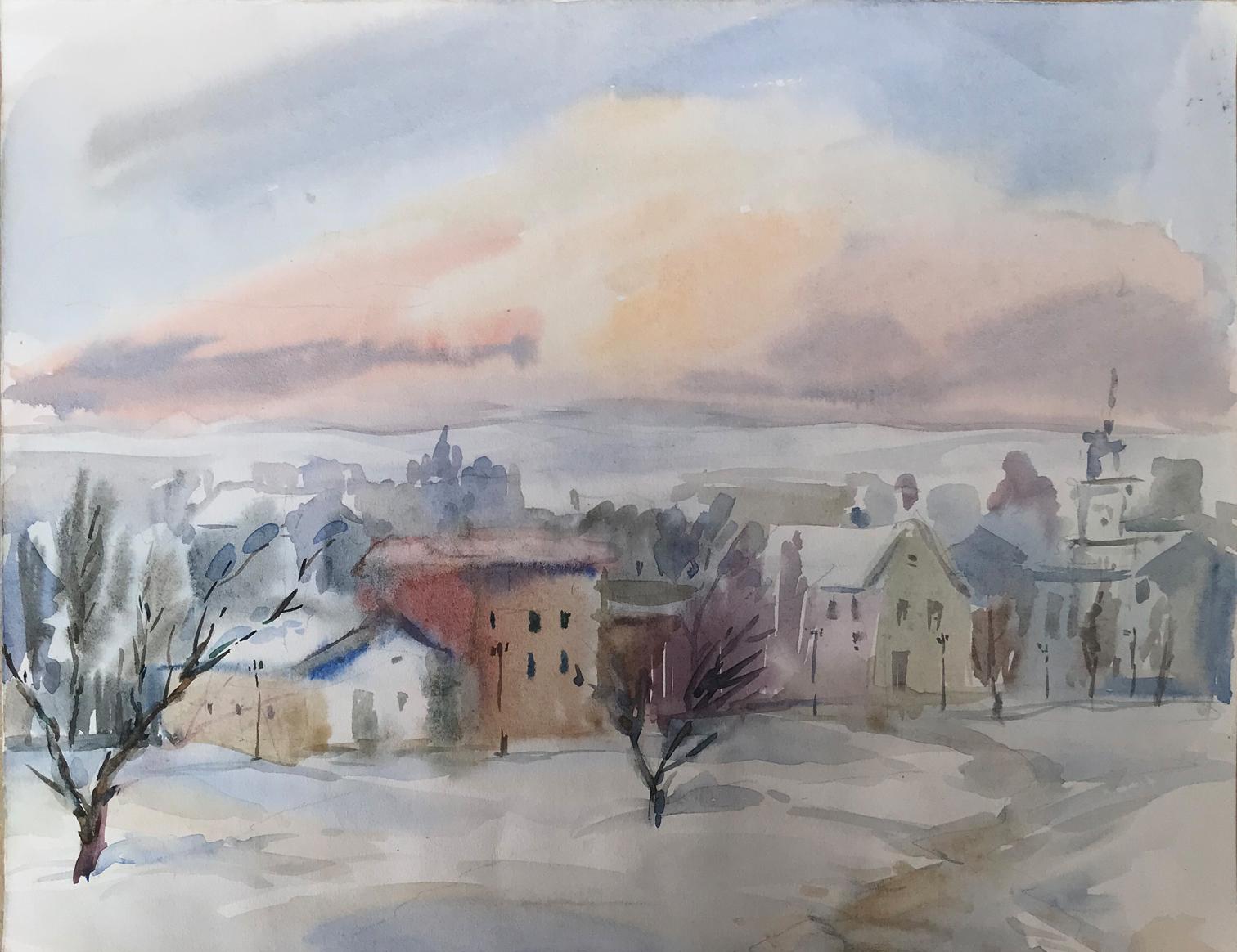 Watercolor painting Winter in the city Unknown artist