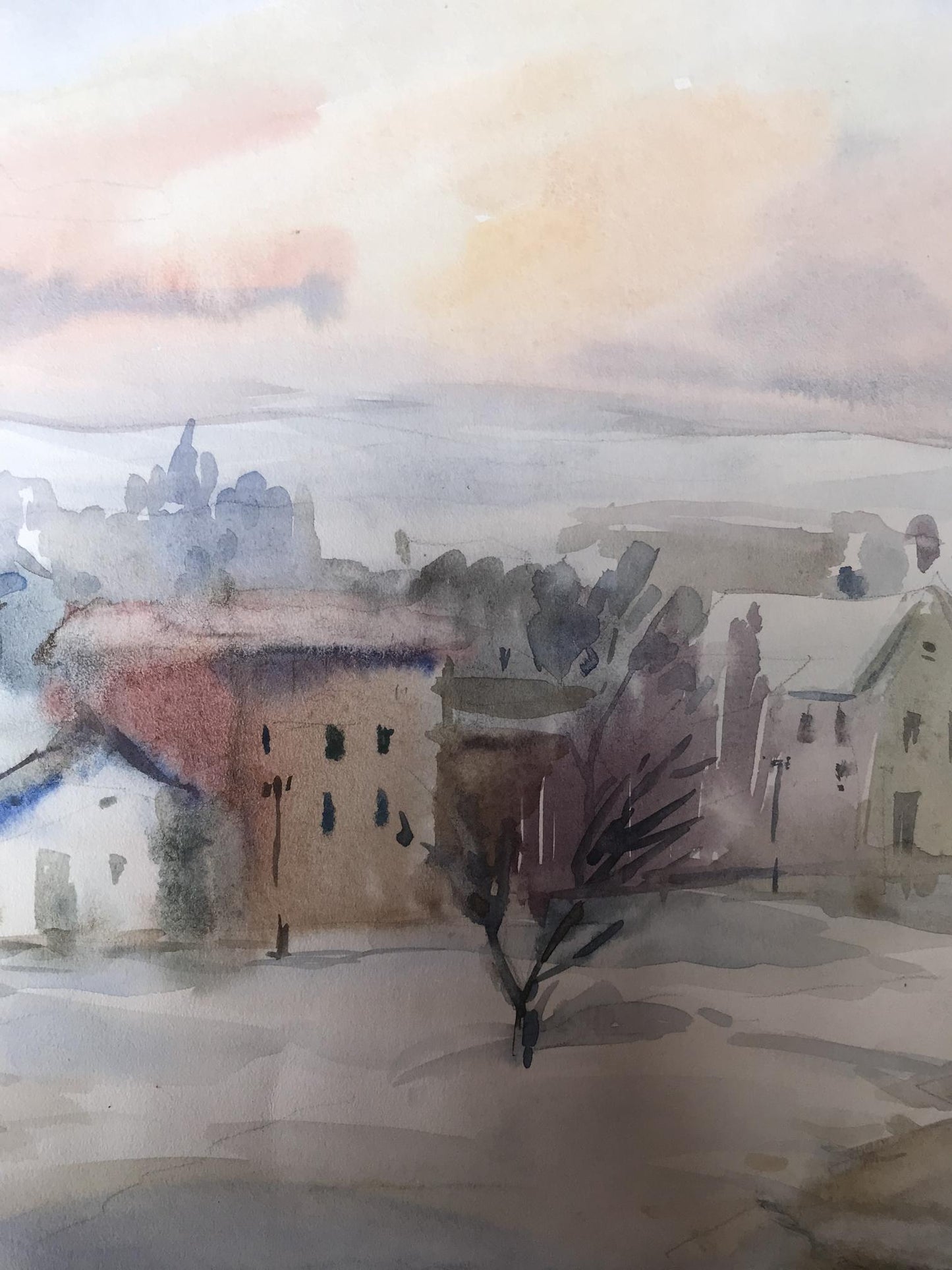 Watercolor painting Winter in the city Unknown artist