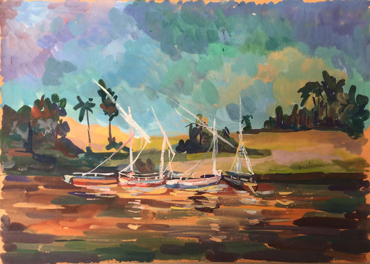 Tempera painting Boats on the shore Unknown artist