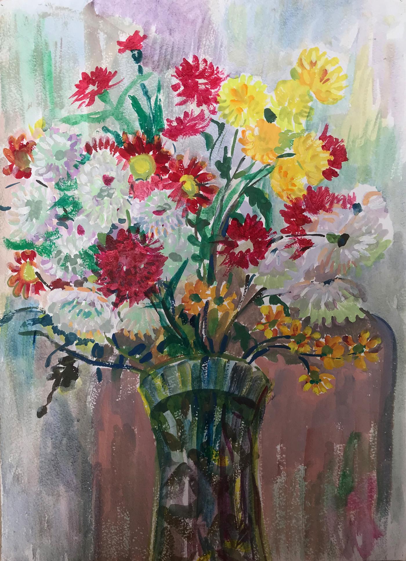 Tempera painting Bouquet of daisies Unknown artist