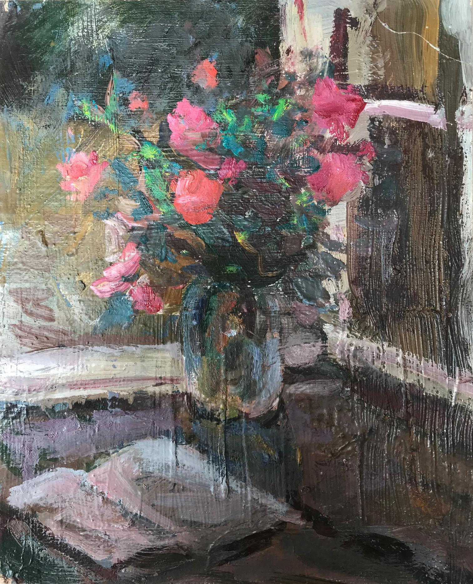 Oil painting Roses on the windowsill Unknown artist