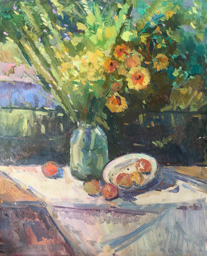 Oil painting Flowers and fruits on the table Peter Dobrev