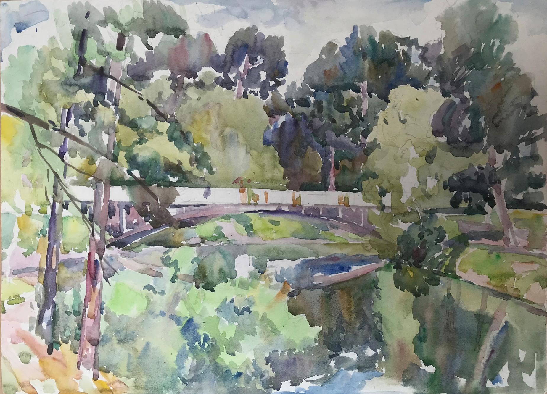 Watercolor painting City park with a bridge Unknown artist