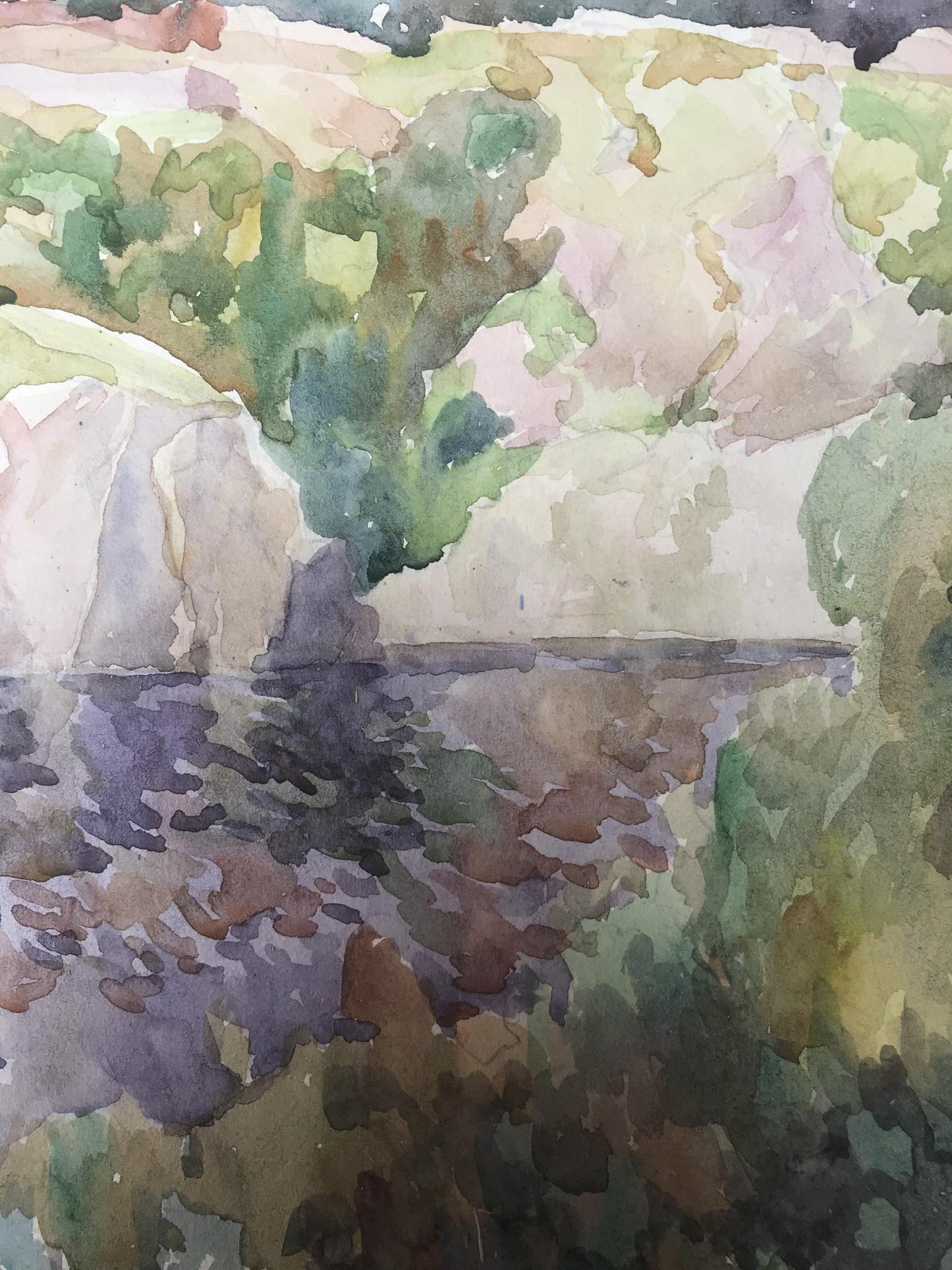 Watercolor painting Landscape with a river Unknown artist