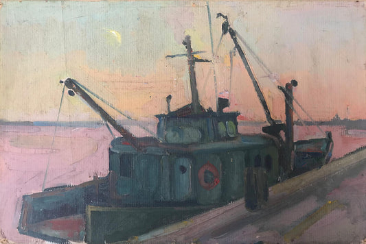 Oil painting Twilight in the port Peter Dobrev