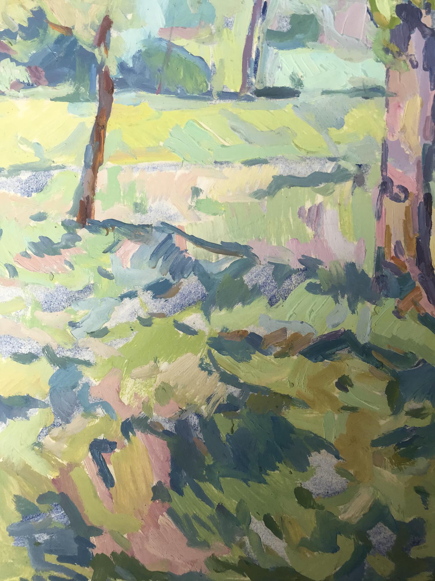 Peter Dobrev's oil artwork portrays a park set in a forest