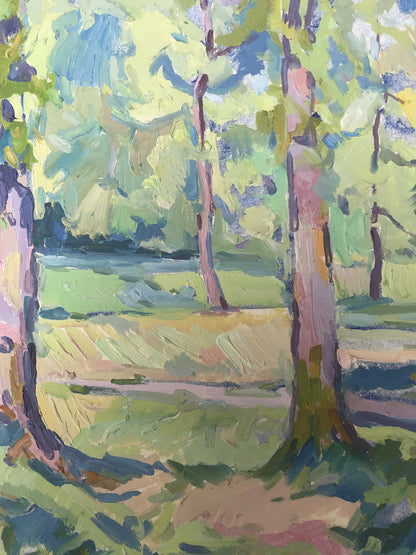 Peter Dobrev's oil piece showcases a scenic forest park