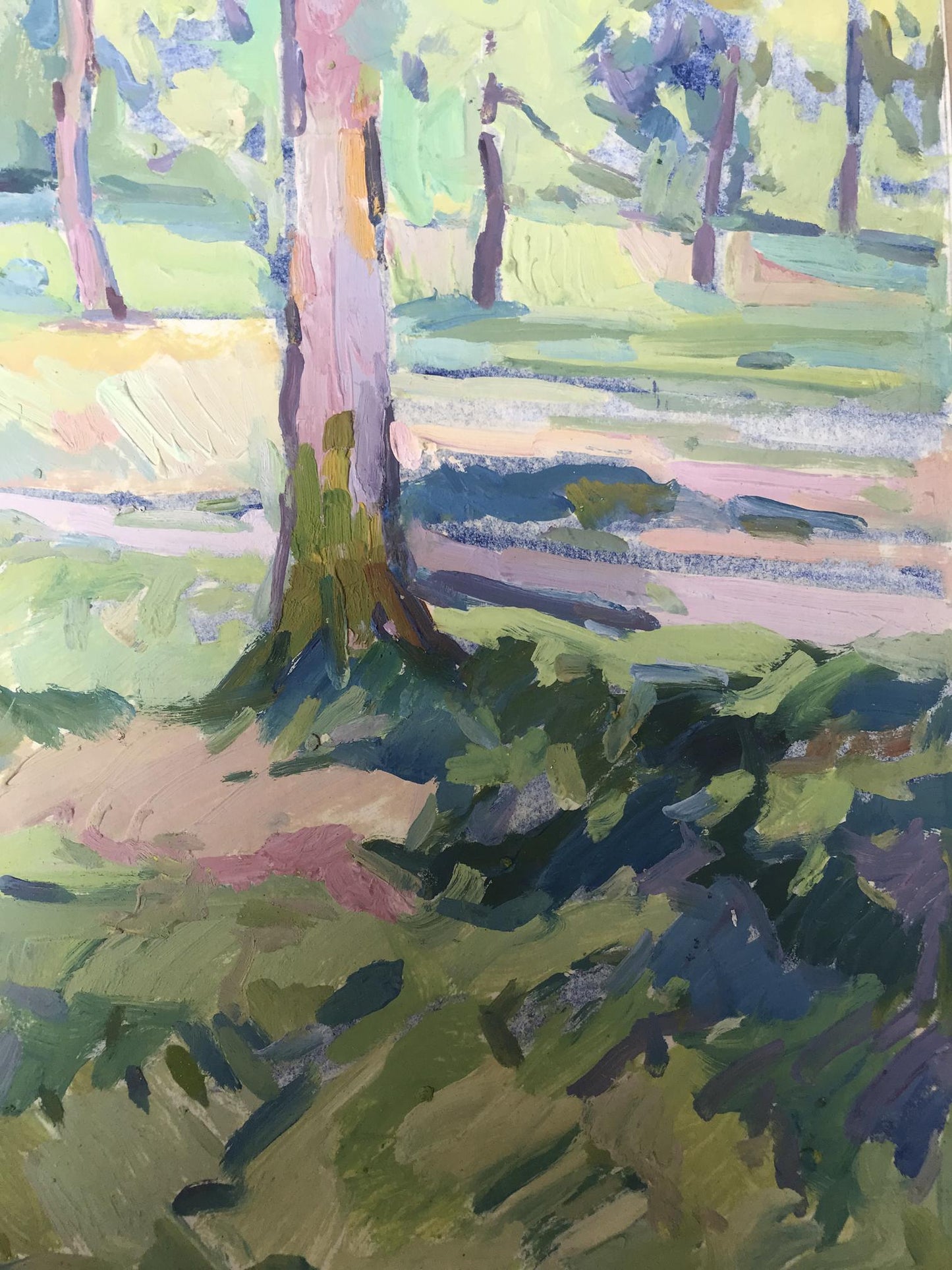 A forest park scene is illustrated in Peter Dobrev's oil artwork