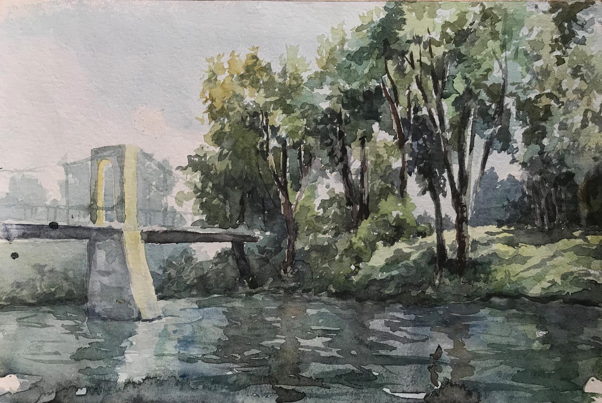 Watercolor painting City bridge Robets D.