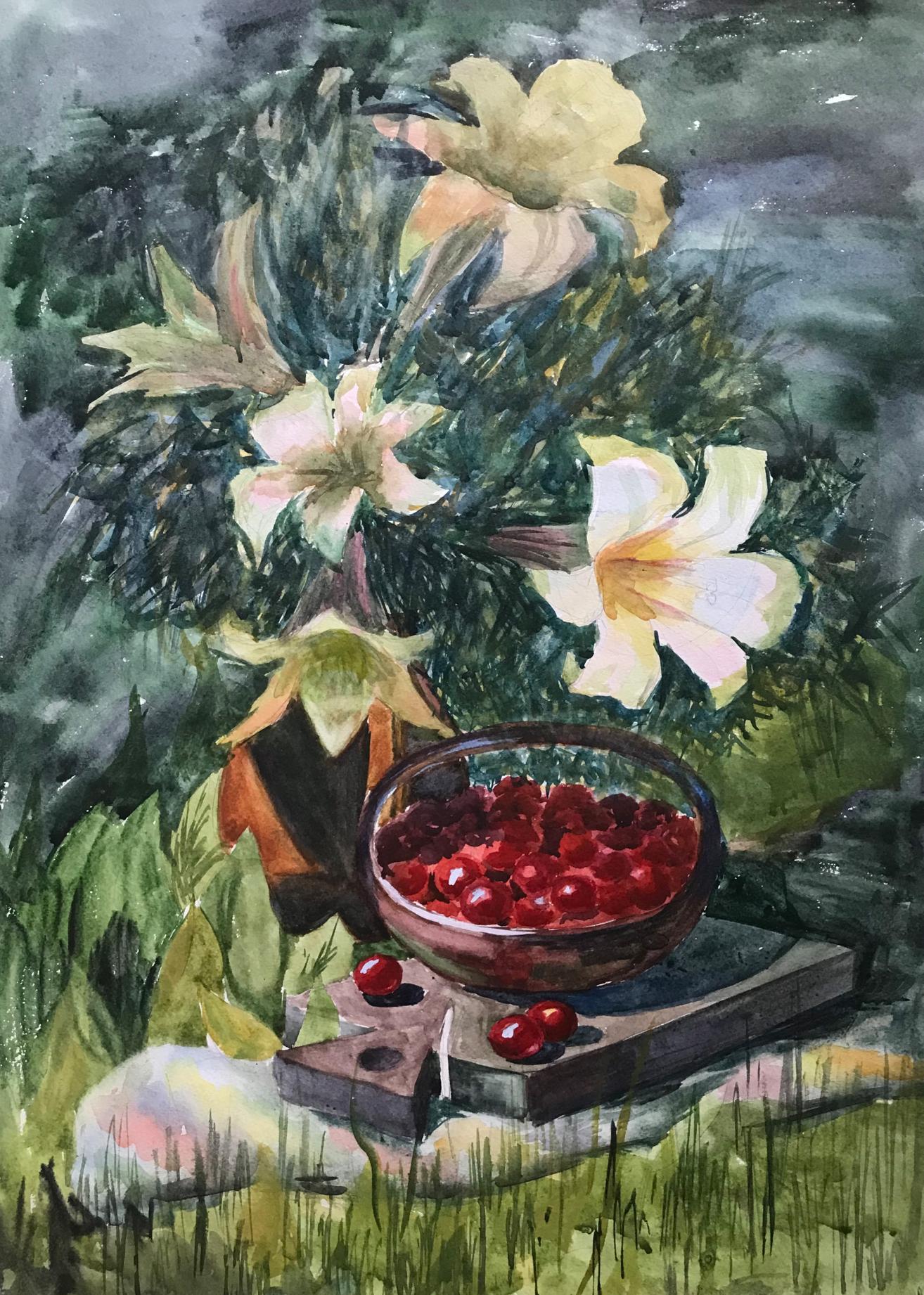 Watercolor painting Flowers and fruits Unknown artist