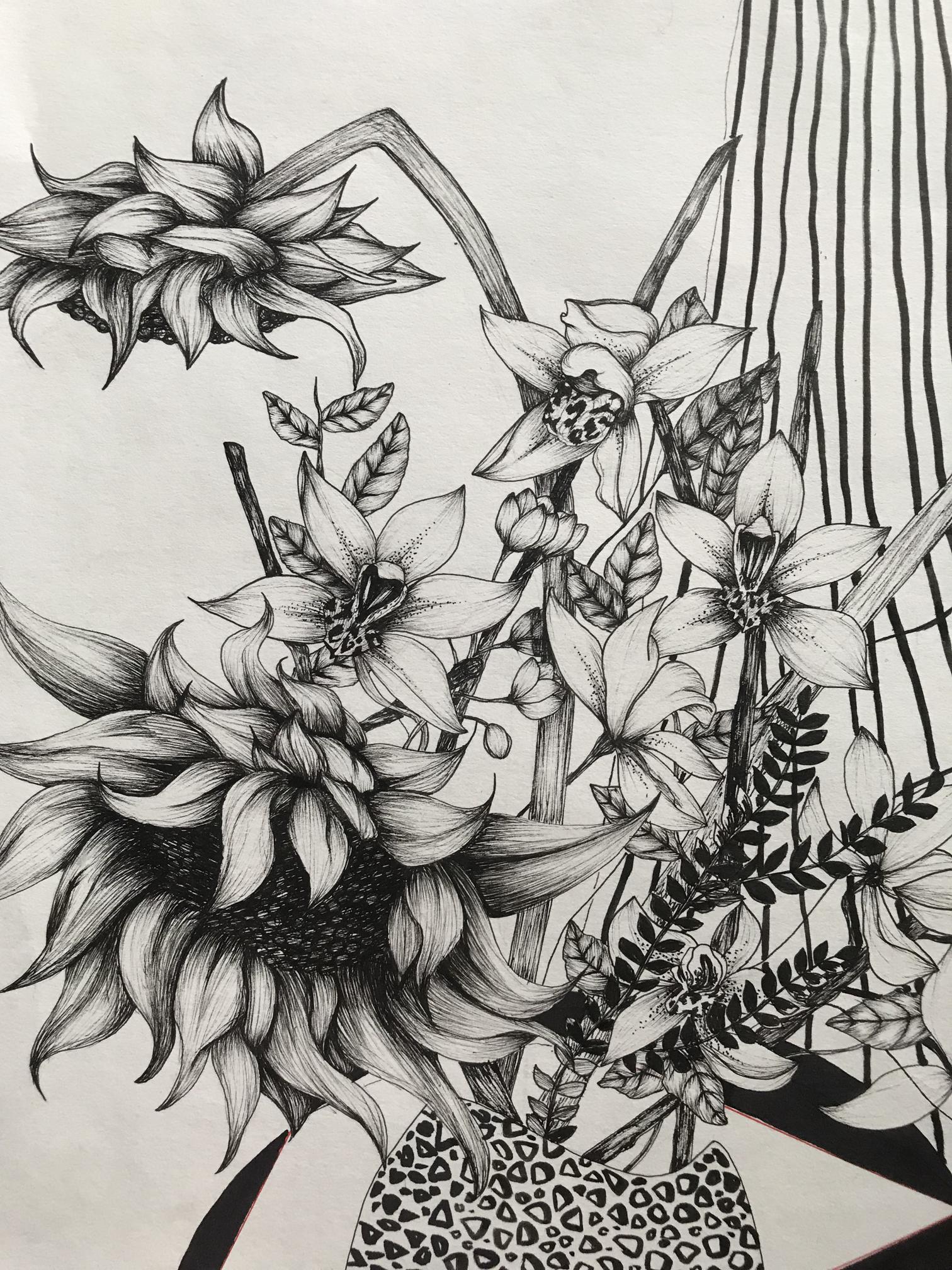 Within the abstract pen painting, sunflowers and lilies are featured by an unknown creator