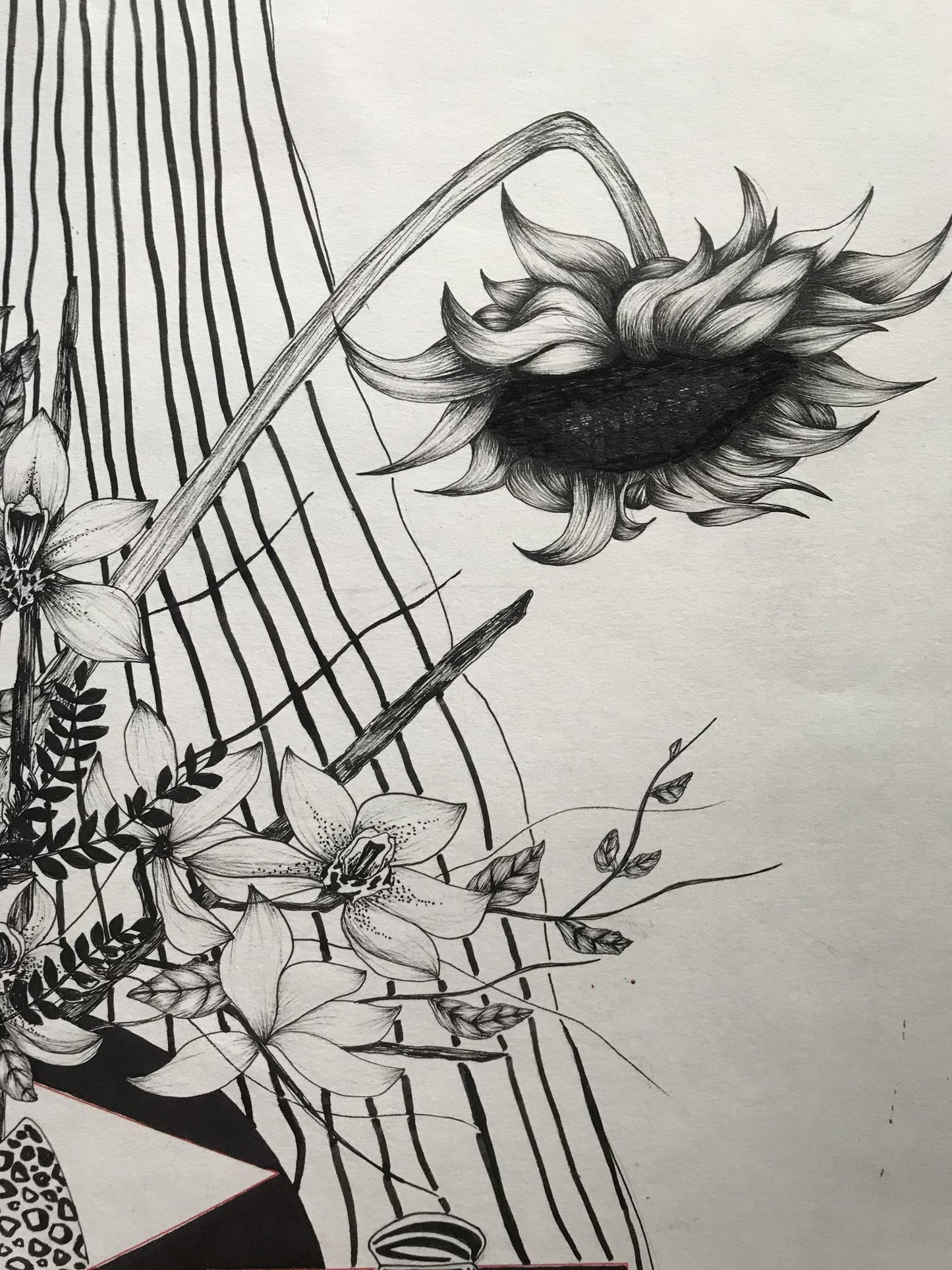 An unnamed artist's abstract pen piece captures the essence of sunflowers and lilies