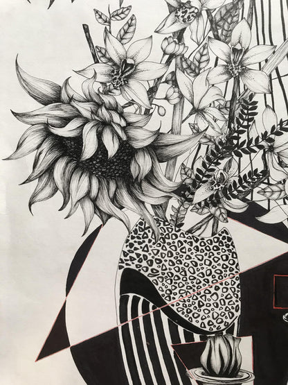 The abstract pen painting by an unknown artist highlights the presence of sunflowers and lilies