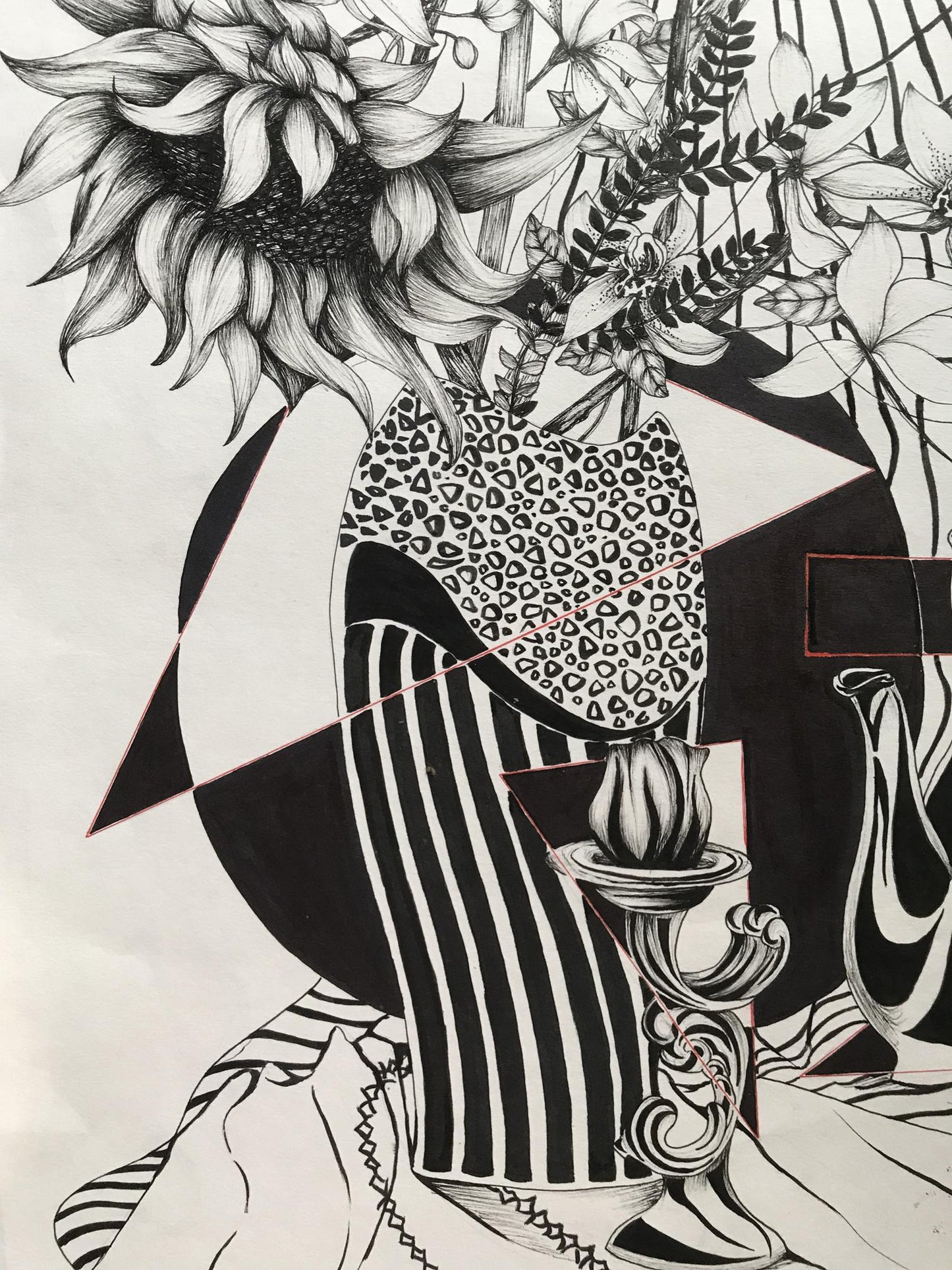 The abstract pen creation by an unknown artist delves into the imagery of sunflowers and lilies
