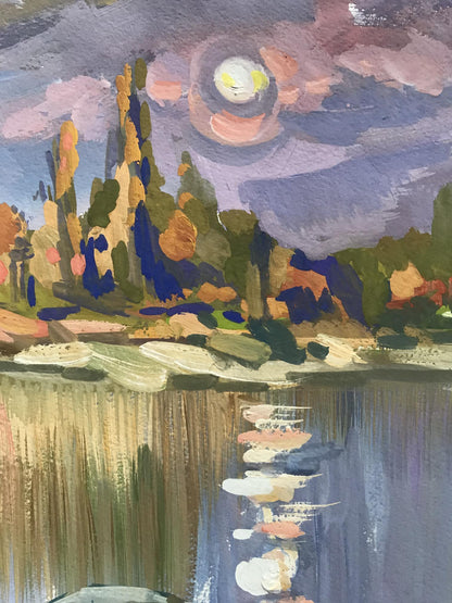 An anonymous artist's oil artwork highlights the majesty of a sunset in nature