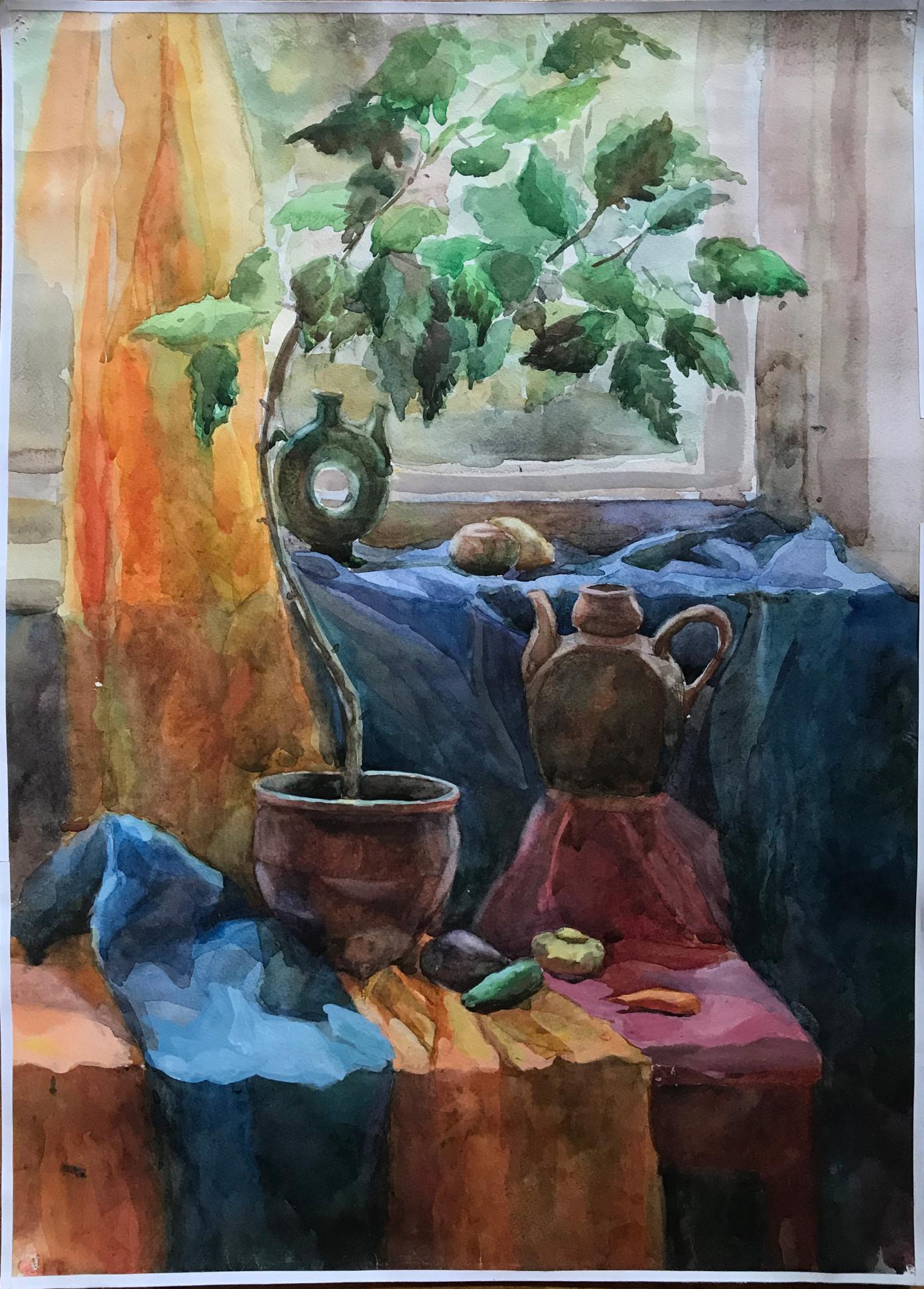 Watercolor painting Flowers on the windowsill Unknown artist