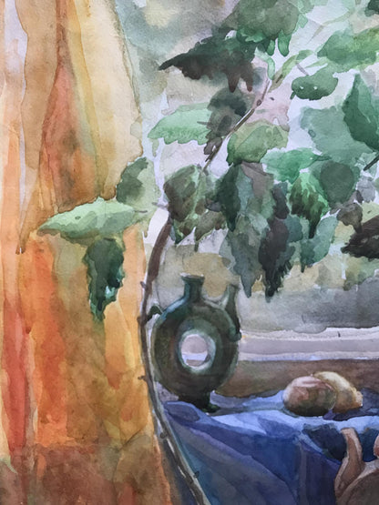 Watercolor painting Flowers on the windowsill Unknown artist