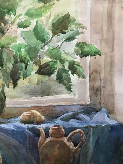 Watercolor painting Flowers on the windowsill Unknown artist