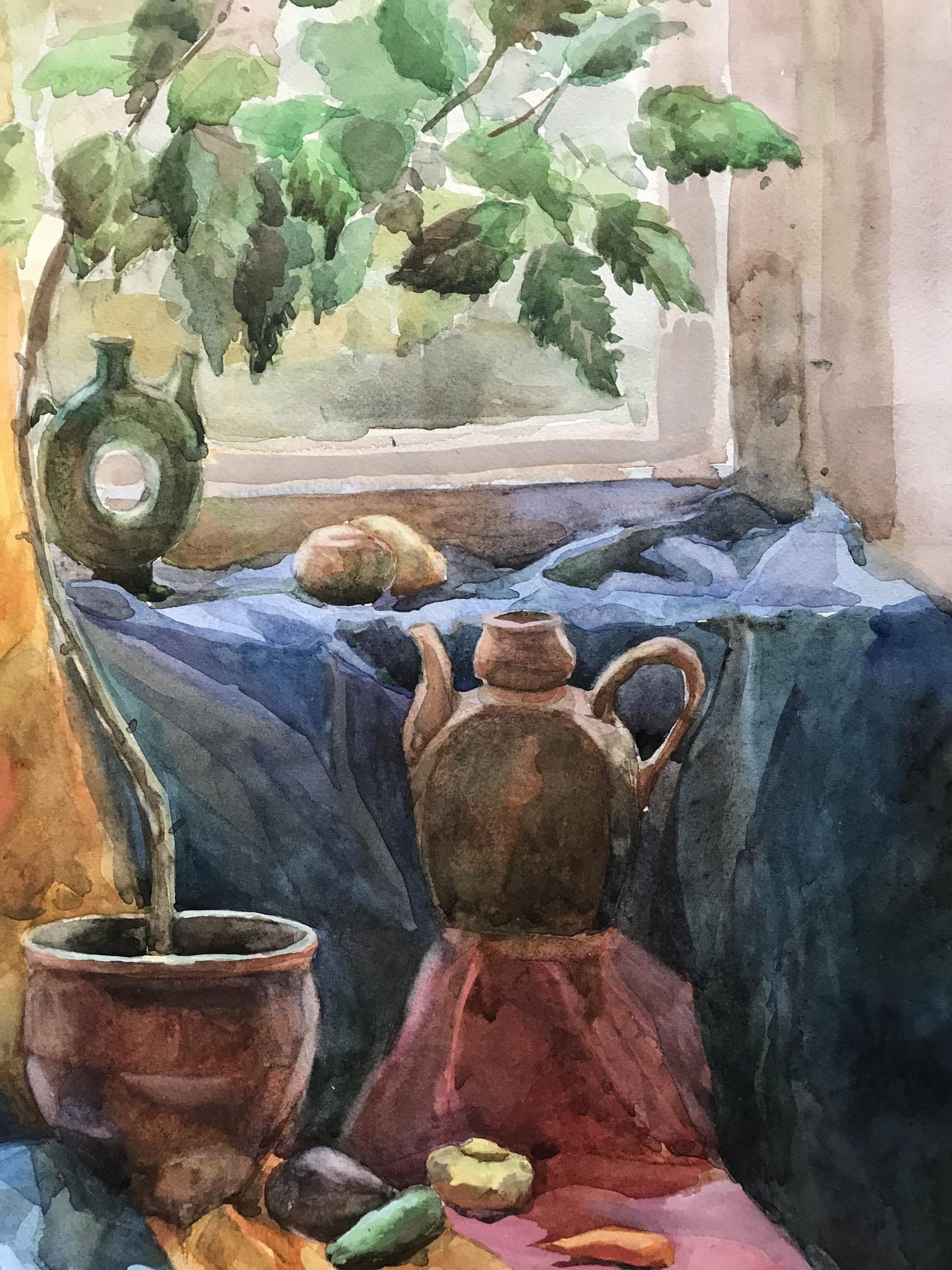 Watercolor painting Flowers on the windowsill Unknown artist