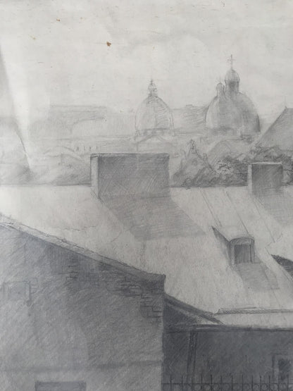 Pencils painting View of the city center Unknown artist