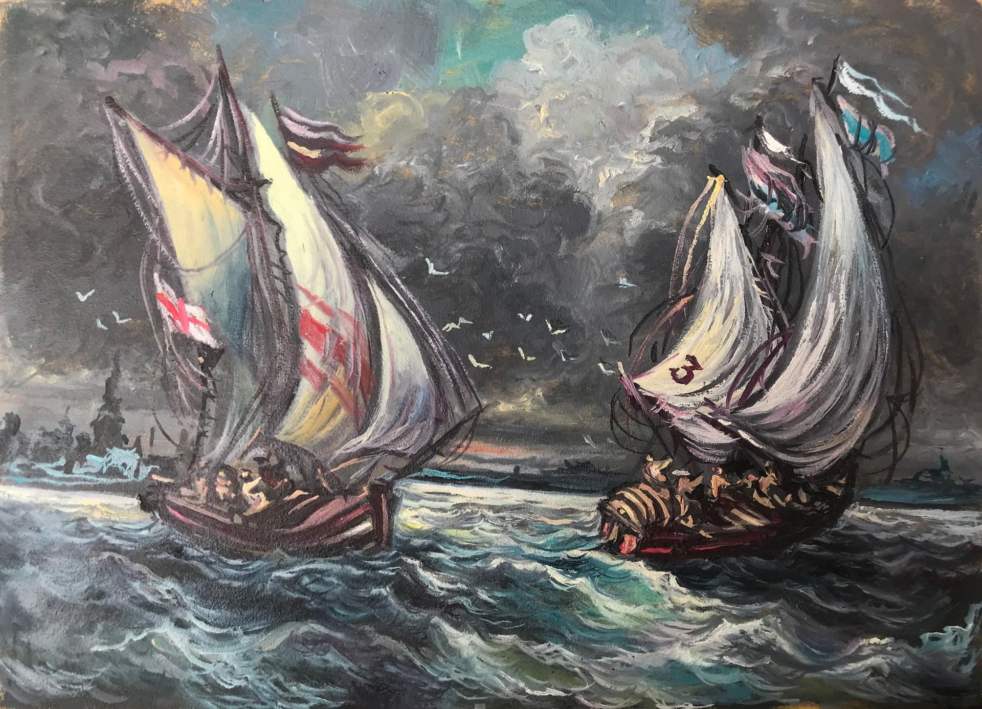 Oil painting Ships in a sea storm Alexander Litvinov