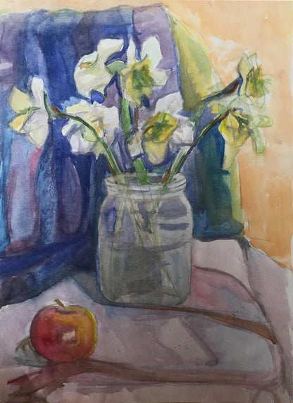 Watercolor painting Flowers and apple on the table Unknown artist