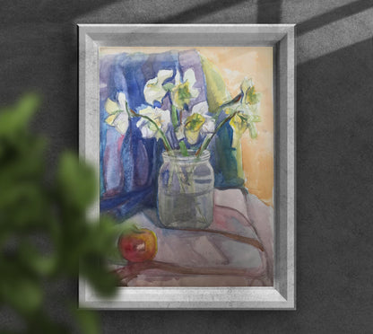 Watercolor painting Flowers and apple on the table Unknown artist