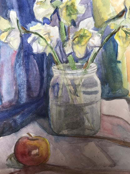 Watercolor painting Flowers and apple on the table Unknown artist