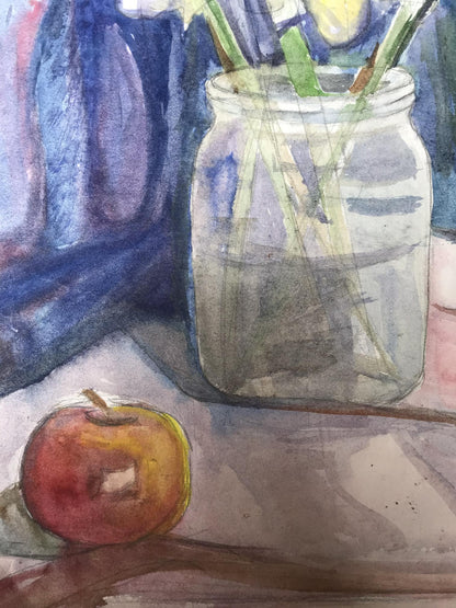 Watercolor painting Flowers and apple on the table Unknown artist