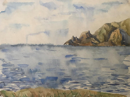 An unknown artist captures the serene "Seascape" in this stunning watercolor painting