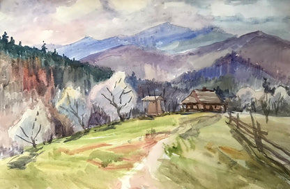 Watercolor painting House in the mountains Unknown artist