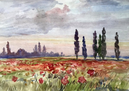 Watercolor painting Poppy field Unknown artist