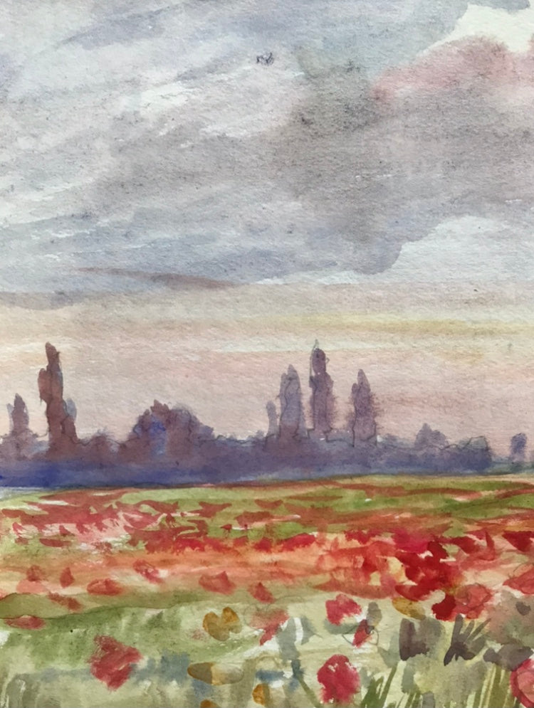 Watercolor painting Poppy field Unknown artist