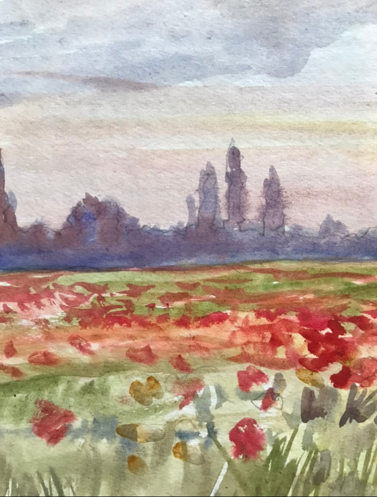 Watercolor painting Poppy field Unknown artist